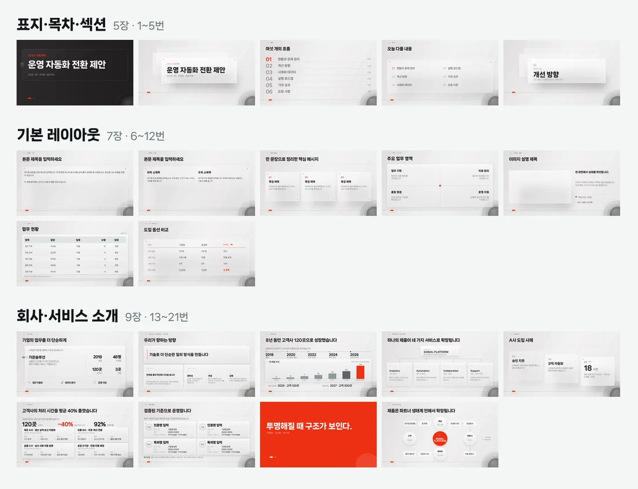 표지·목차·섹션, 기본 레이아웃, 회사·서비스 소개 구역
